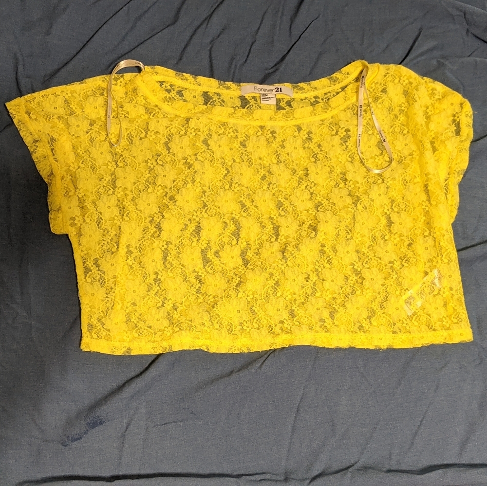 Forever 21 Yellow Lace Crop Top Short Sleeve.